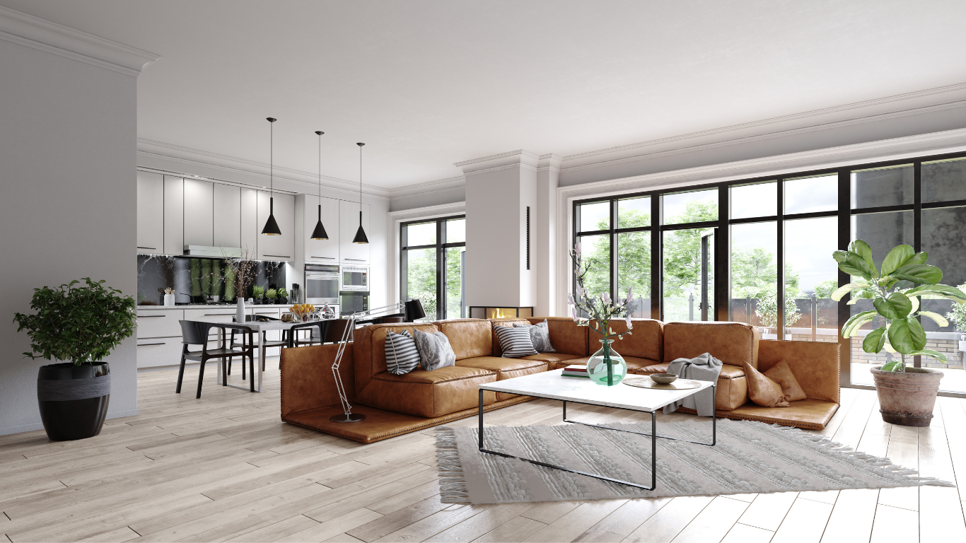 : Open-concept custom home interior with leather sectional, modern kitchen, and large windows