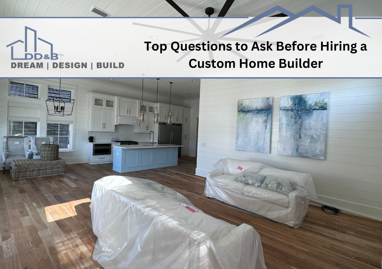 Custom home interior during final construction phase with covered furniture