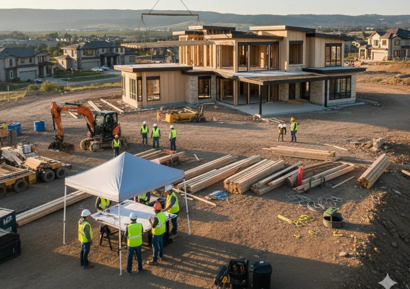 Workers on-site building a modern custom luxury house.