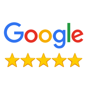 Google logo with five gold stars.