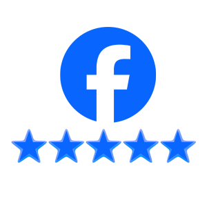 Facebook logo with five blue stars.