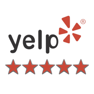 Yelp logo with five red stars.