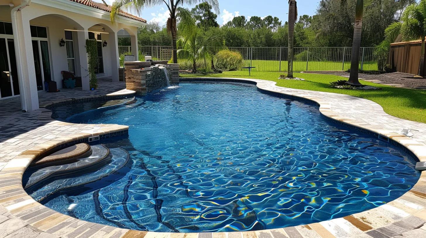 Resurfaced swimming pool and spa in a residential backyard.